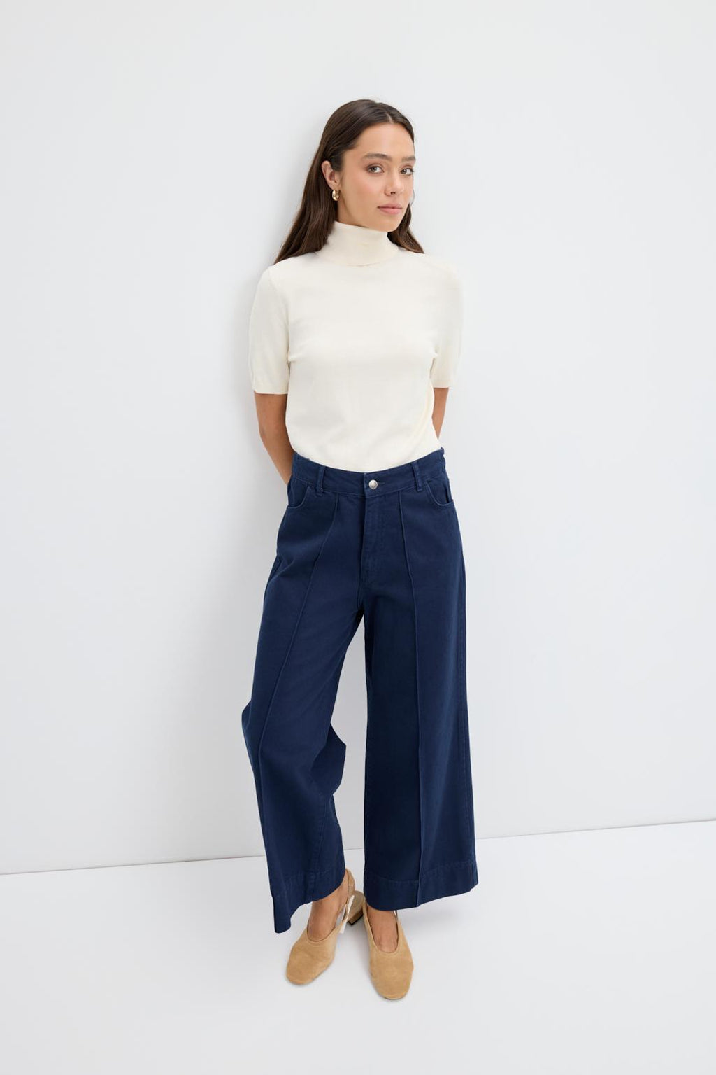 Pantalon en gabardine bleu marine à double revers